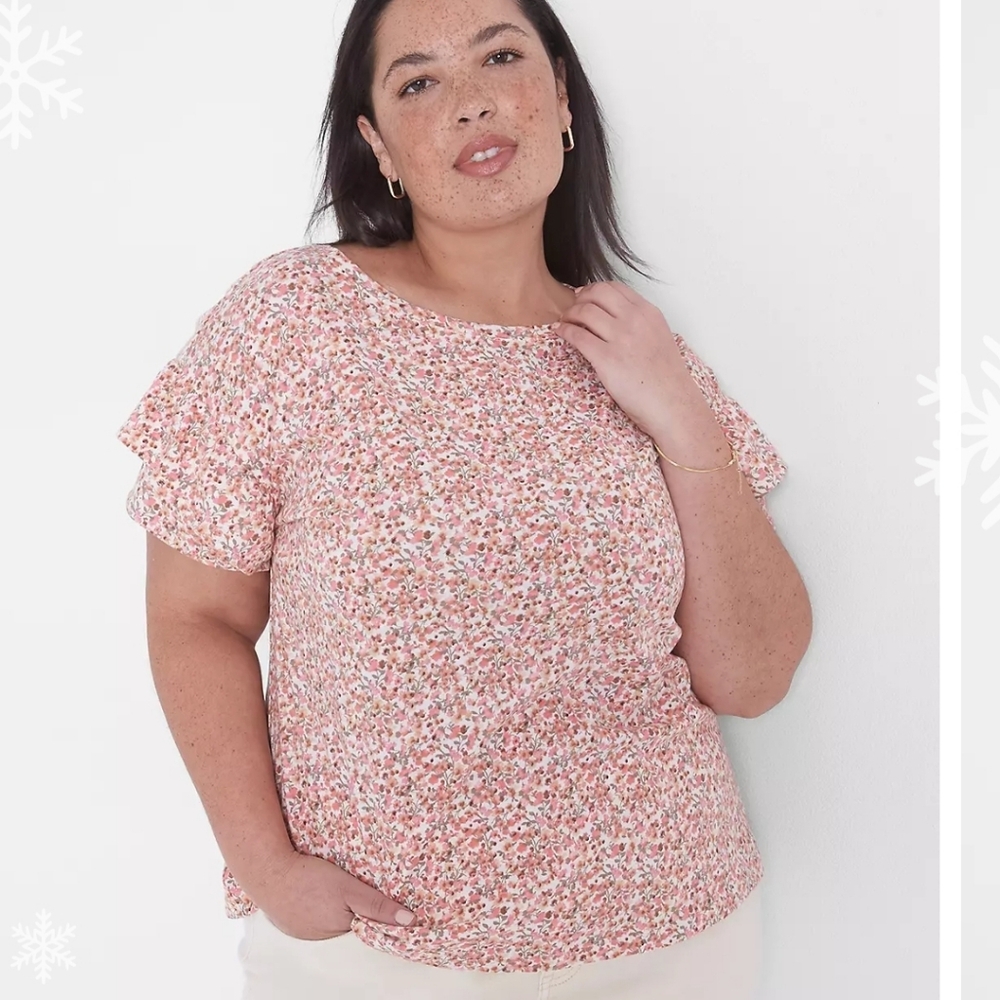 LANE BRYANT ruffle Floral Crew Neck Cotton Tee Shirt Blouse Ditsy Cottagecore